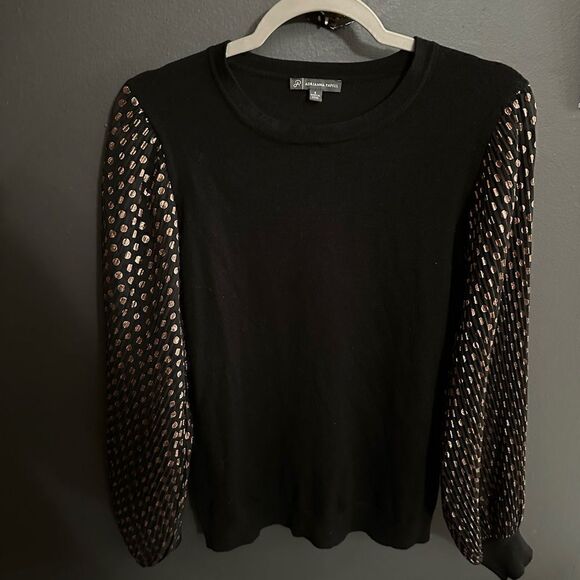 Adrianna Papell Crewneck Sweater Shear Sleeves Gold Polka Dots Size S - Picture 12 of 16